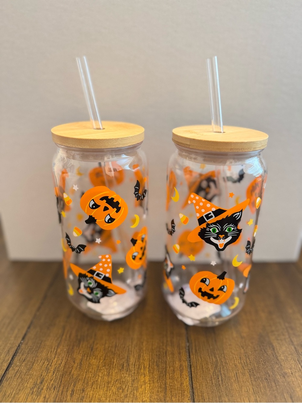 Vintage Style Halloween Cat & Pumpkin Tumbler with Straw - set of 2